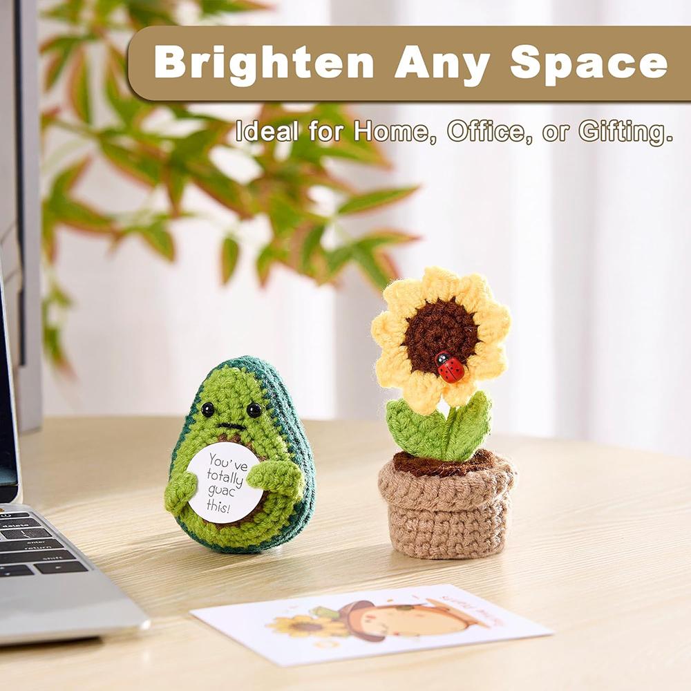 Handmade Knitted Emotional Support Avocado Doll With Card and Sunflower Pot Home Room Decoration Crochet Avocado Christmas Gifts