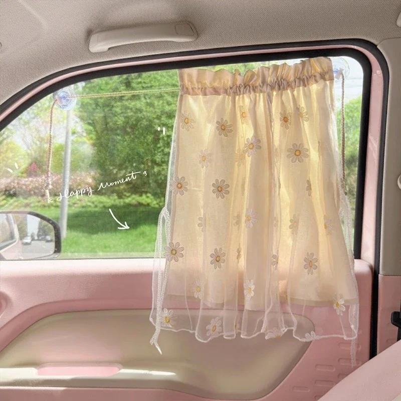 Suction Cup Car Sunshade Curtain Lace Double-layer Vehicle Privacy Shades Sunshade Retractable Car Window Cover