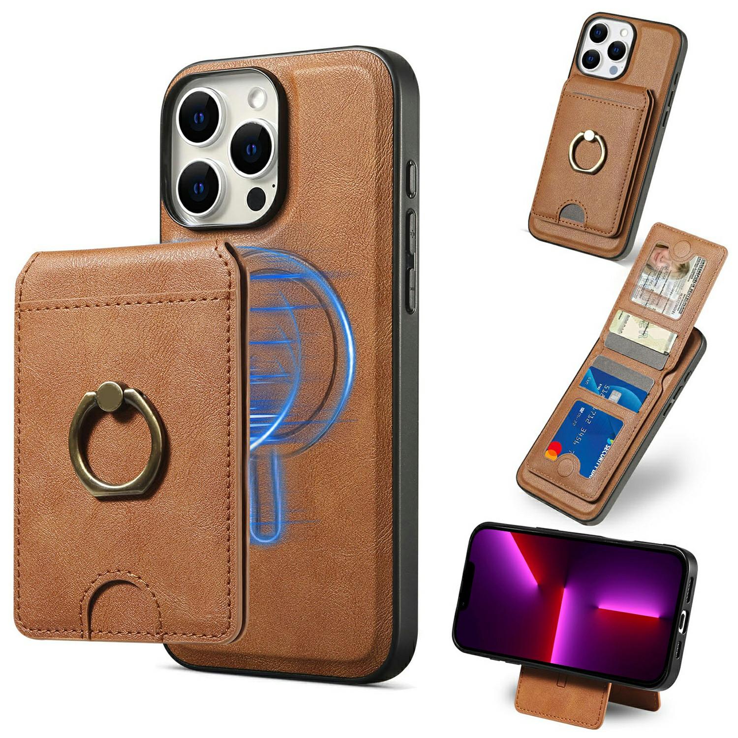 

For iPhone 13 Pro Max Magnetic Case PC+PU Phone Back Cover with Detachable Card Holder Brown