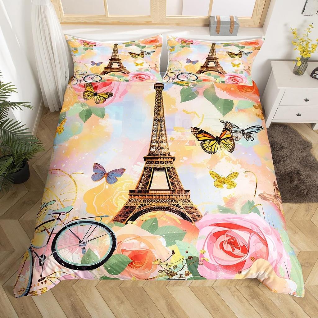 Eiffel Tower Duvet Cover Twin Full Queen King 3 Pcs Romantic Theme Bedding Set For Couple Adult Butterfly Print Comforter Cover