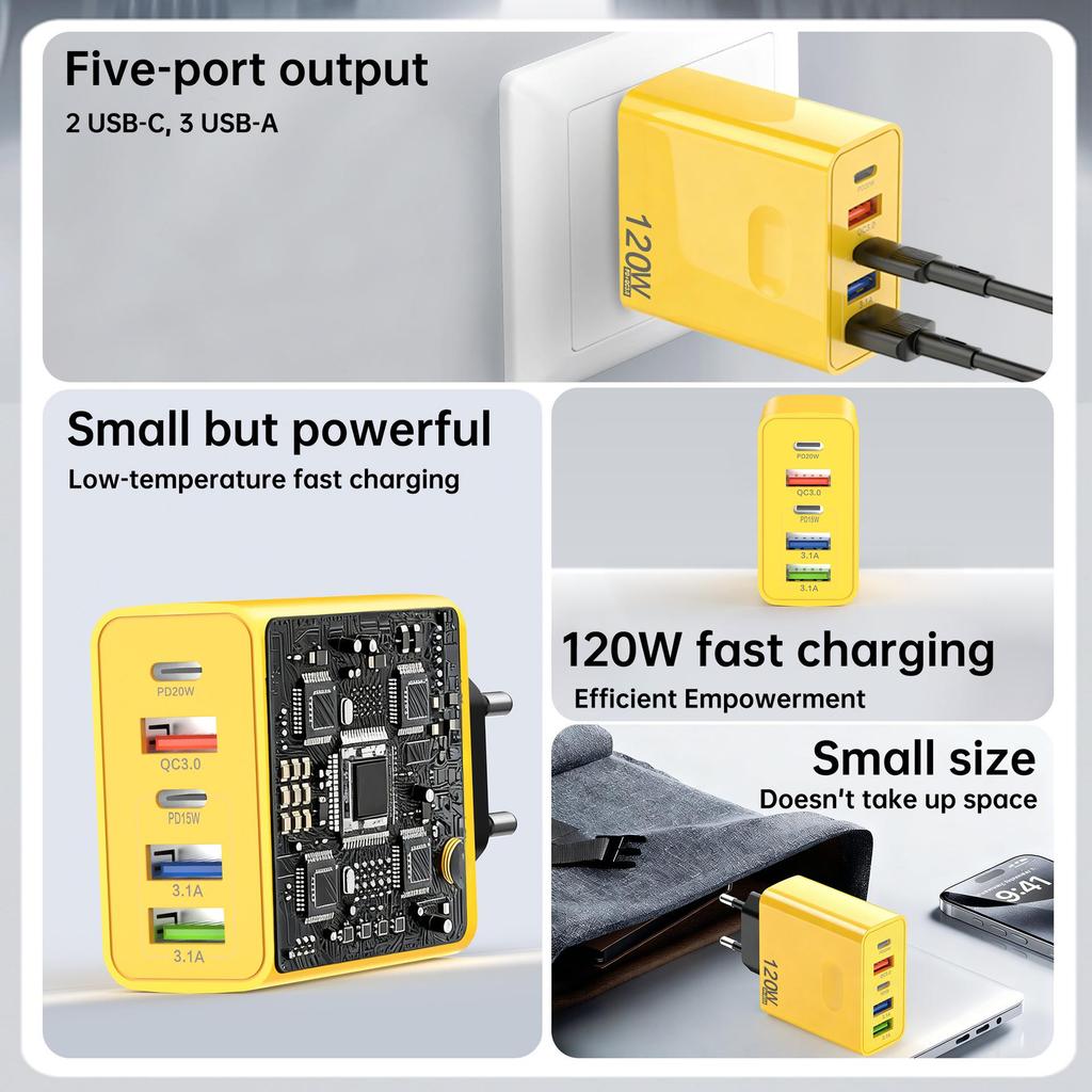 120W Multi-Port Fast Charger - EU/US/UK Compatible for Mobile Phones