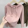Women's Pink Half Zip Hooded Long Sleeve Top Slim Fit Ribbed Knit Casual Pullover Drawstring