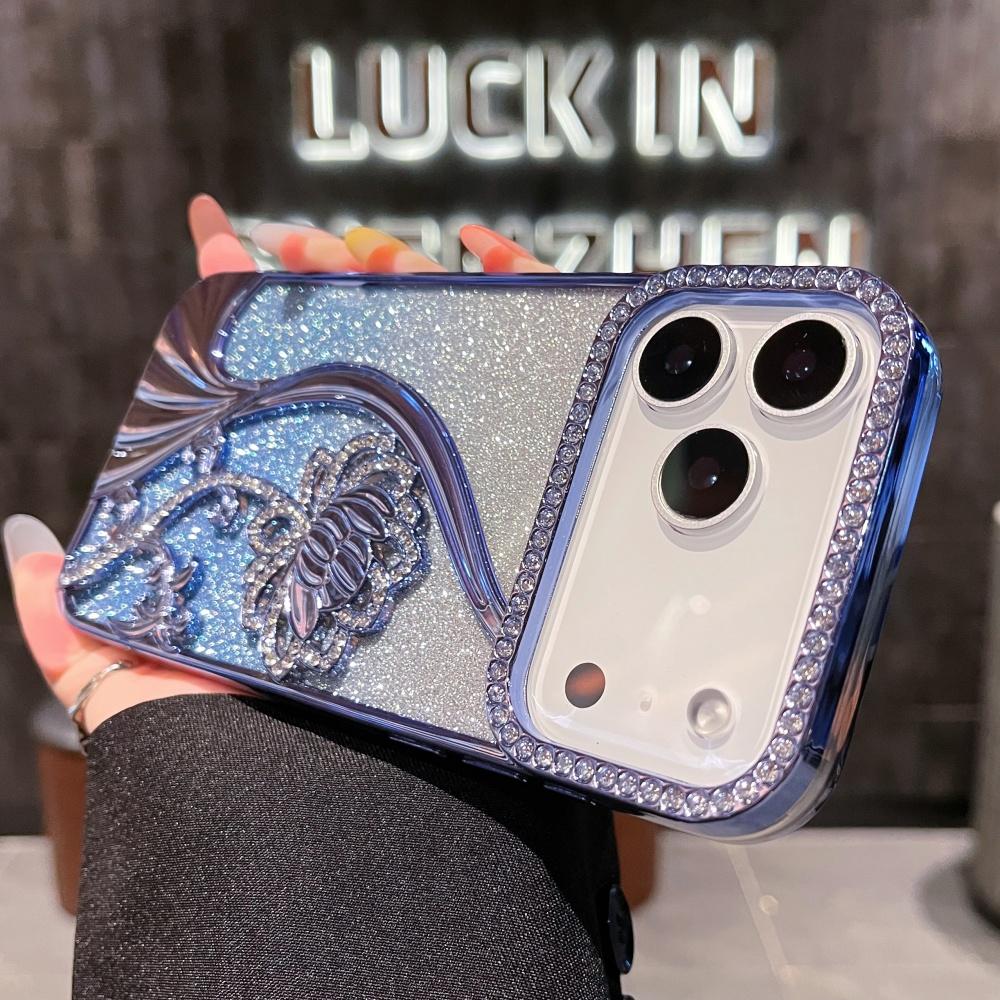 Gradient Glitter Phone Cover for Apple IPhone 12 13 14 15 16 17 Pro Max Air Plus Diamond Flowers Plating Luxury Cases Women
