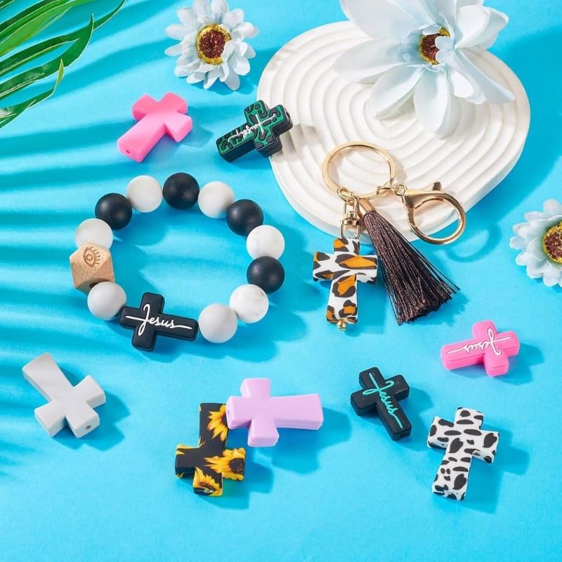 12Pcs Silicone Crosses Shaped Beads Leopard Colorful Print Loose Silicone Beads for Adult Necklaces Jewelry Making