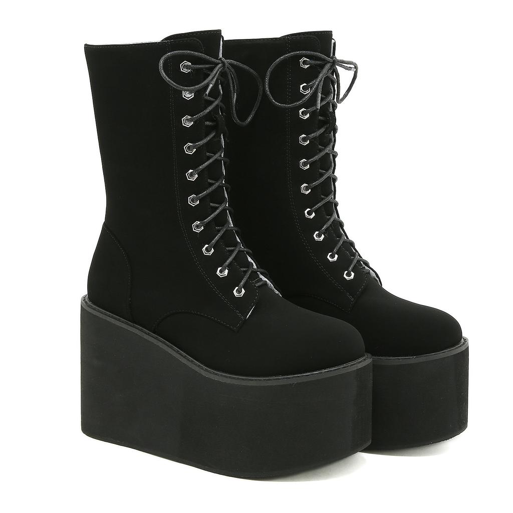 Thick-soled muffin women's boots front lace-up tall tube round head Martin boots wedge heel solid color autumn women's boots