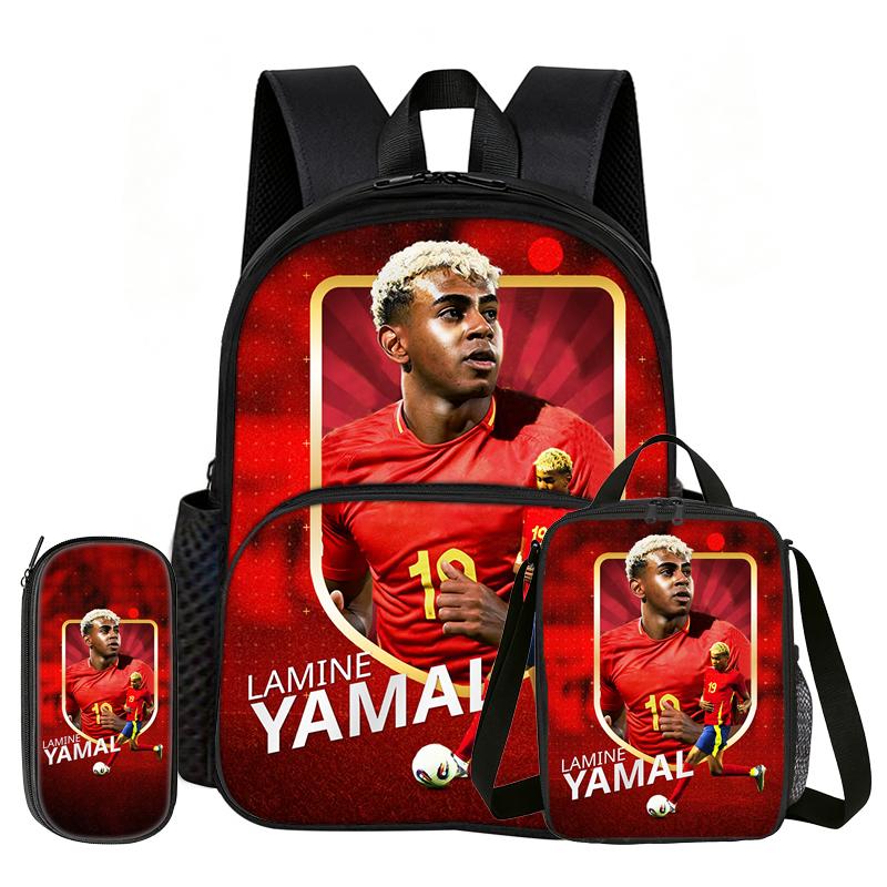 Learn, Travel Football Star School Bag L-Lamin Yamal 3 Pcs Set with Front Pocket Backpack Lunch Bag, Pencil Case, Sport Rucksack