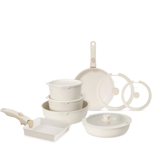 Aiji Frying Pan Set, Induction and Gas Compatible, 13-Piece Set, Includes Frying Pan with Lid, Marble-Coated Pot, Removable Handle, Non-Stick, Easy to