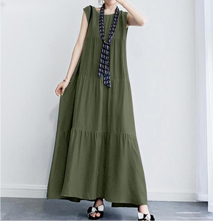 2024 Summer Literary Women's Cotton Linen Casual Round Neck Swing Dress