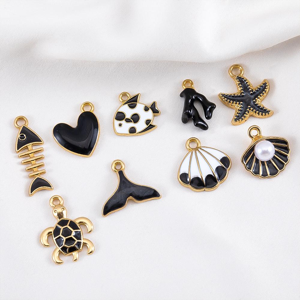 10pcs Trend White Enamel Ocean Coral Conch Fish Bones Fishtail Heart Charms Alloy Pendants DIY Necklace Keychain Jewelry Making