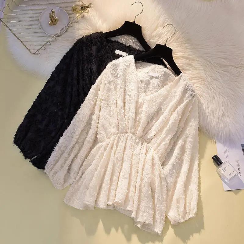 Women's Fuzzy V-Neck Blouse Flowy Ruffle Hem Long-Sleeve Top