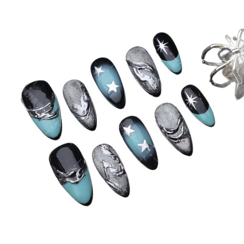 Handmade Press-On Nails With Starry Sky Design Green Black Blue Ombre Almond Shape Women Ins Style