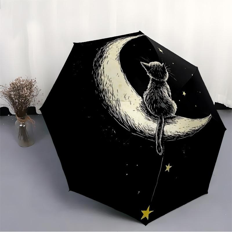 1pc Moon CatAutomatic Folding Umbrella, Portable Collapsible Design, Casual Outdoor Accessory, for All Seasons049
