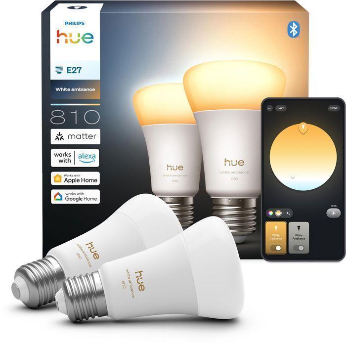 Pack de 2 ampoules LED connectées A60 - PHILIPS HUE - Lumière blanche - Culot E27 - 6W - 1000-2000k - 810 lumens
