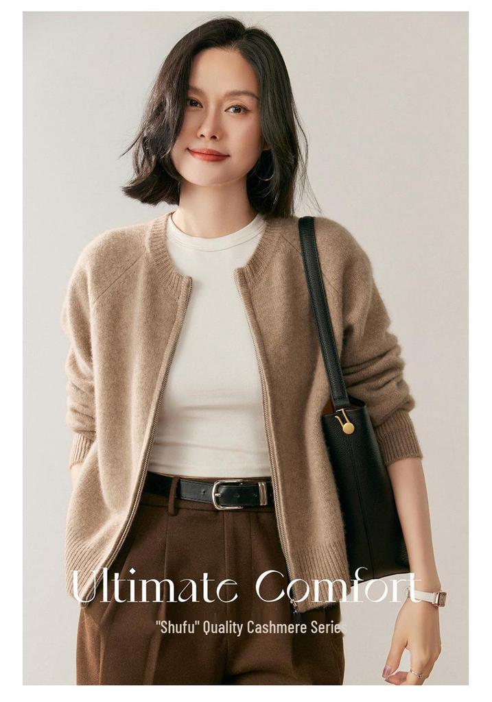 Women's Cashmere Round Neck Zipper Cardigan - Autumn/Winter Collection: Thick, Solid Color, Short, Loose Knit