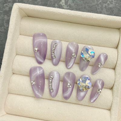 HANDMADE Artificial Nail Purple Light Bulb Cat Eye Magic Mirror Angel Phototherapy Nails Fake Nails Reusable and Removable Nails