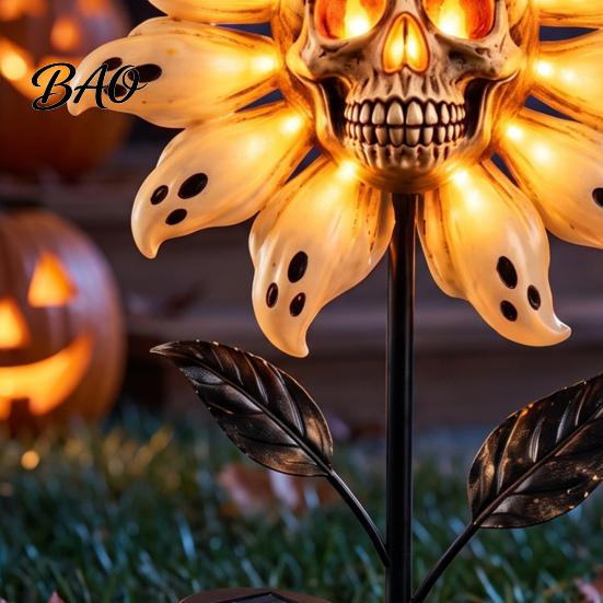 Unique Holiday Path Lighting for Patio Solar Powered Skull Sunflower Light, Waterproof Garden Stake Automatic Charging Scary Decor Halloween Yard Lawn