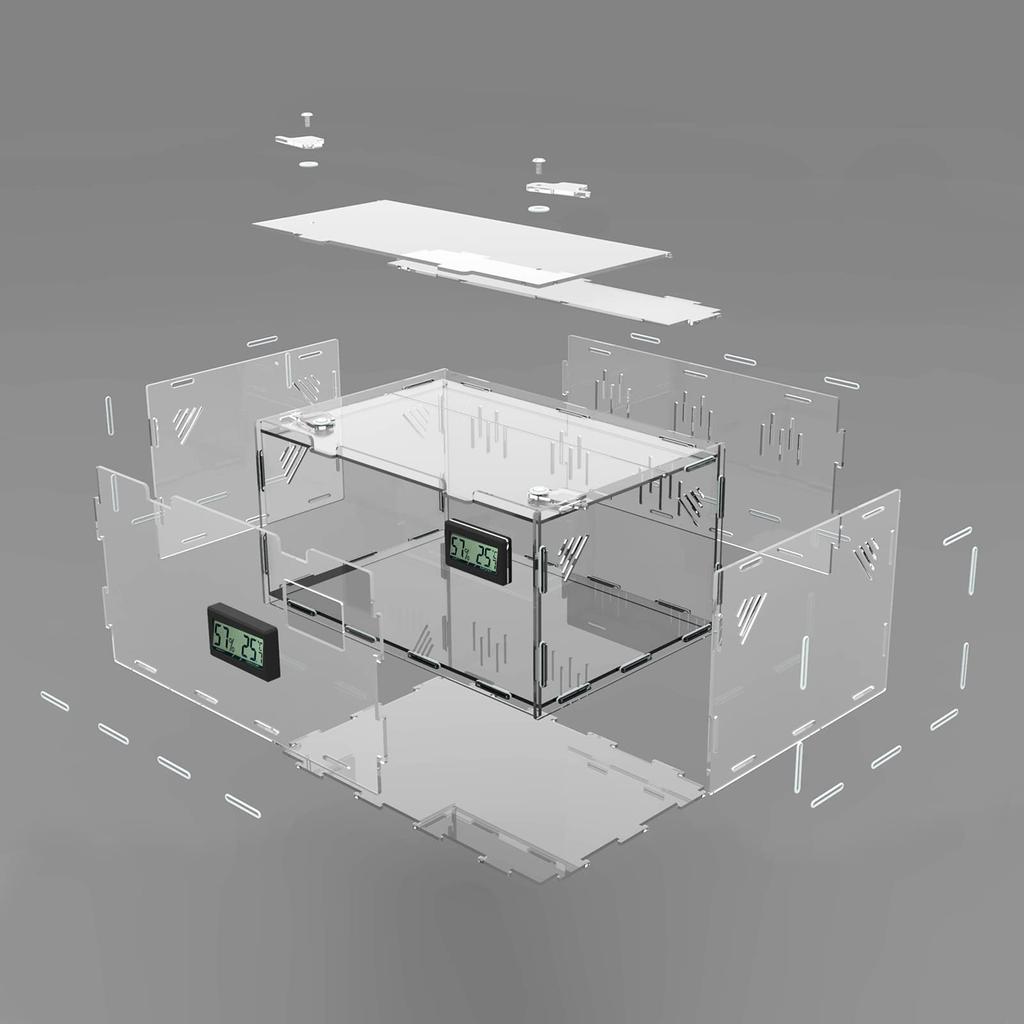 Ghims Reptile Cage, Terrarium with Thermometer and Hygrometer, Transparent, Ventilated, Feeding Box, Acrylic Container with Good Ventilation, Suitable