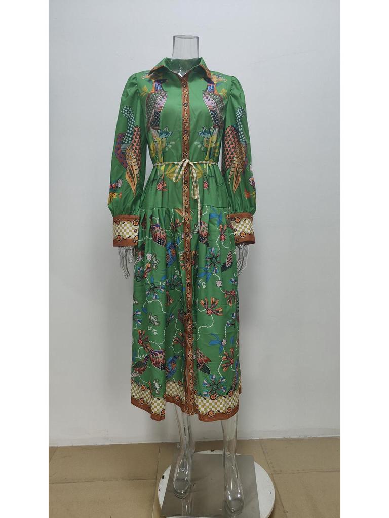 Retro Lantern Sleeve Lace-Up Printed Dress: European & American Women's Fashion