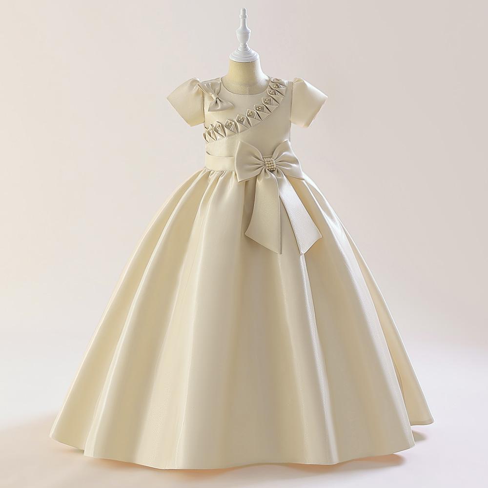 Satin Bow Party Girls Dress Elegant Short Sleeve Pink Bridemaids Princess Kids Dress for Girl Evening Birthday Prom Gown Vestido