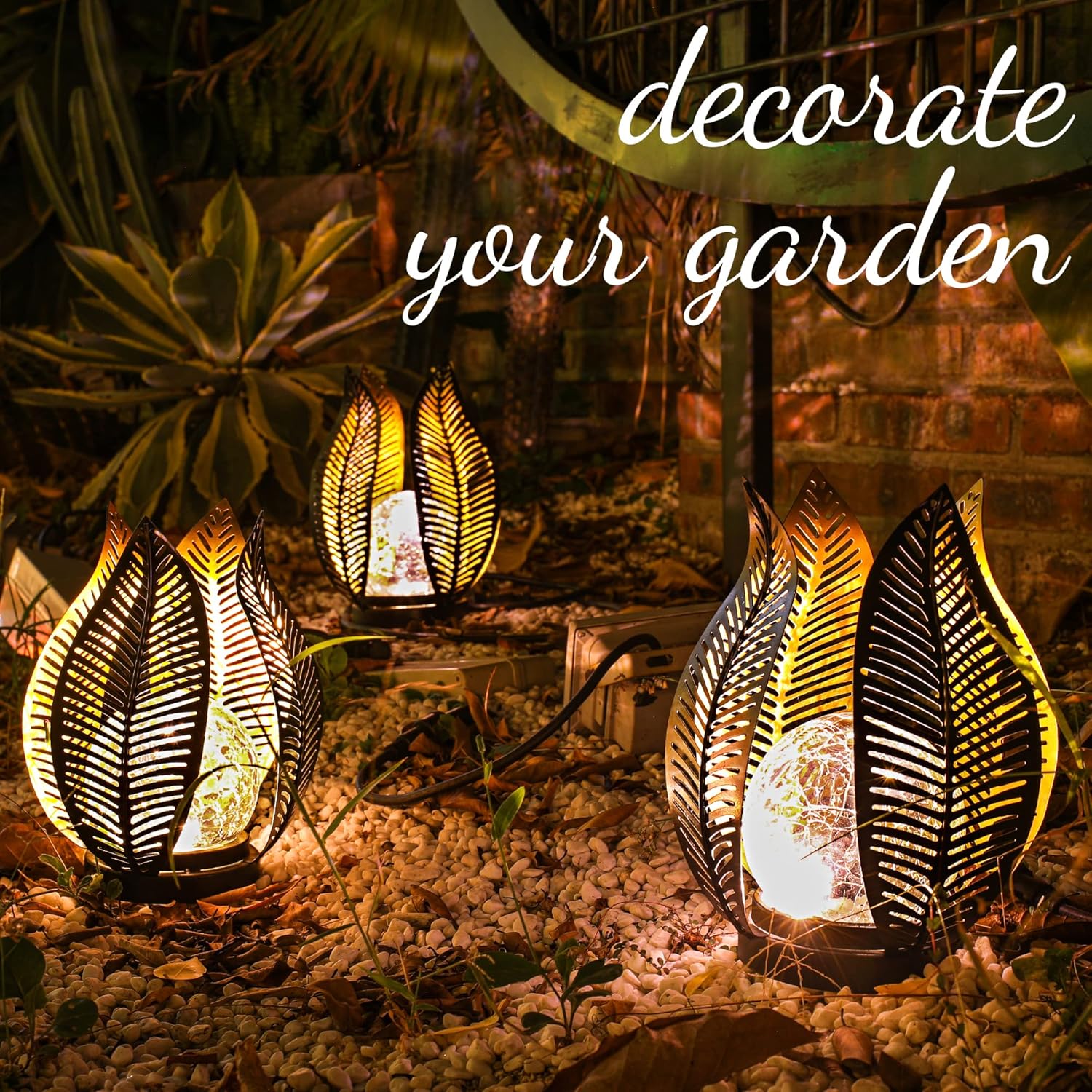 

Solar Garden Lights Waterproof Crackled Globe Glass Metal Palm Leaf Outdoor Decor for Garden Patio Yard Front Porch Tabletop Lam чорний