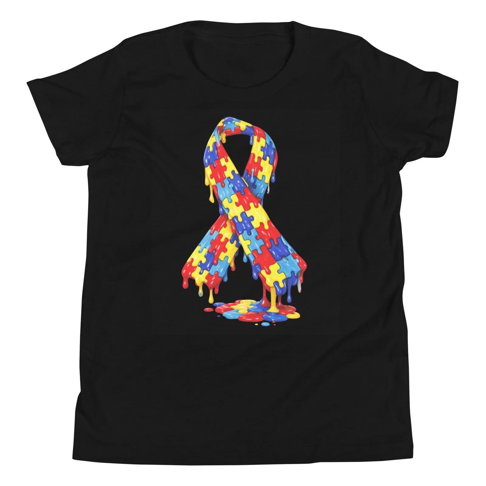 Autism Awareness Puzzle Ribbon Melting Ice Cream Drip Youth Short Sleeve T-Shirt 150