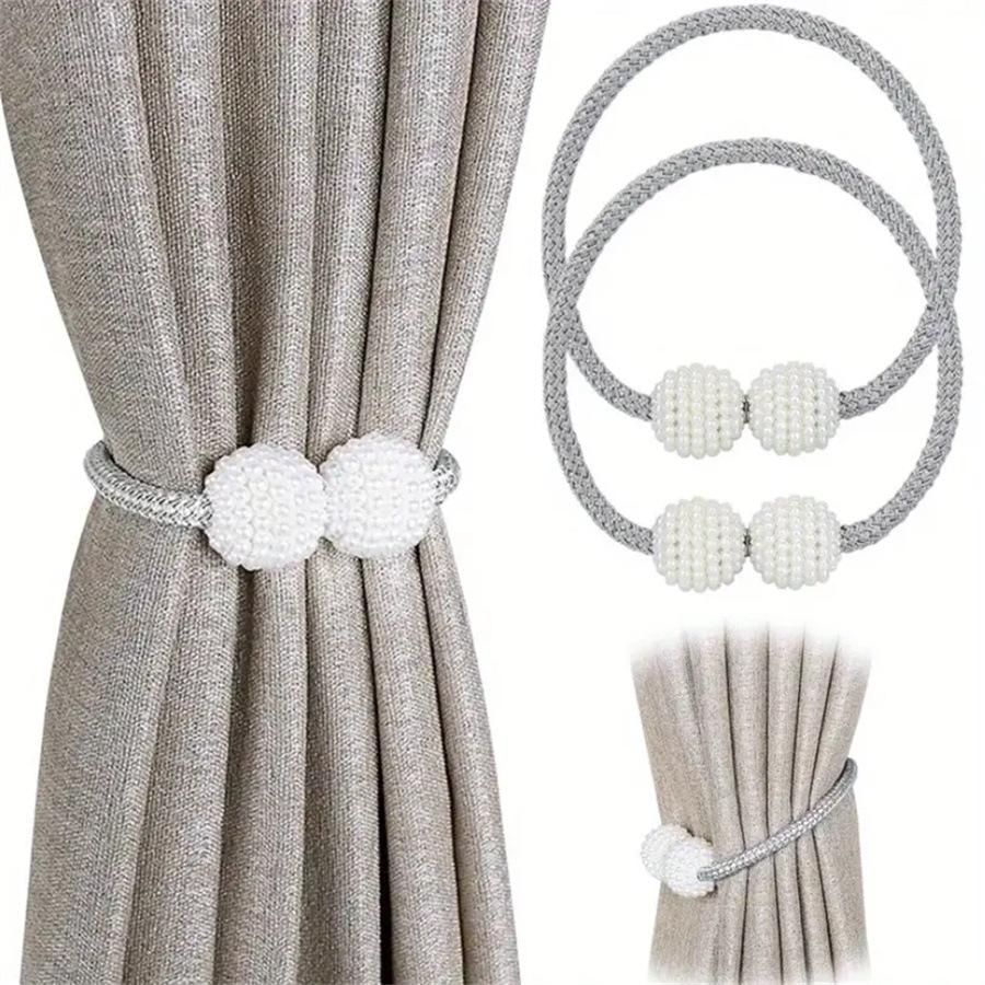 Magnetic Curtain Tiebacks Pearl Ball Elegant Woven Rope Curtain Holdbacks Magnet Drapery Tie Back Clips Curtain Holder for Living Room Bedroom Home