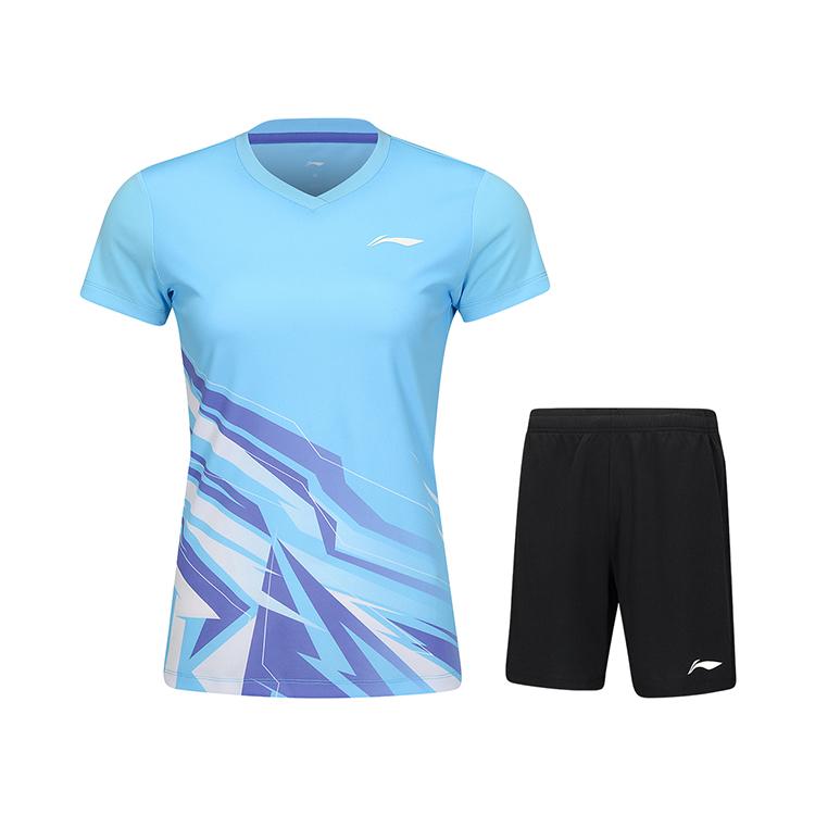 Li-Ning Gradient V-Neck Comfortable Short Sleeve Drawstring Elastic Waist Quick-Dry Sports Shorts Set Women sets AATV014-5