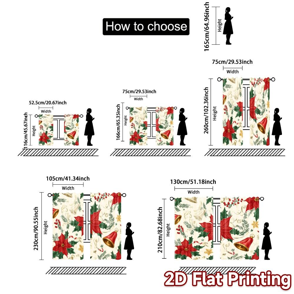 2pcs,Curtains Christmas Bells Poinsettia Holly (2) Popular Curtain Fabric Versatile Durable Polyester Curtains Versatile All Use
