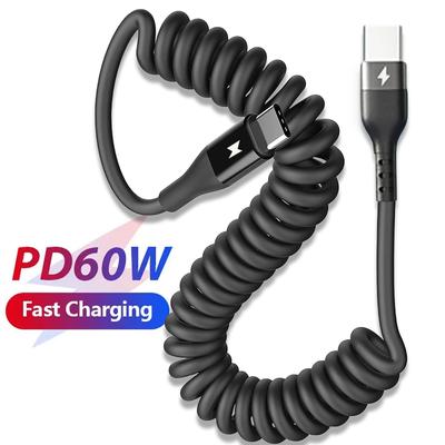 Câble USB C vers Type C à ressort pour charge rapide PD 60W pour iPhone 15 Pro Max Samsung Xiaomi Téléphone Chargeur de voiture Câbles Type-C