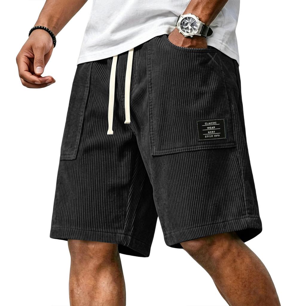 Pantaloncini Casual da Uomo in Velluto a Coste con Coulisse in Vita e Stampa con Lettere Applicate, Vestibilità Rilassata, Lunghezza al Ginocchio, per l'Uso Quotidiano