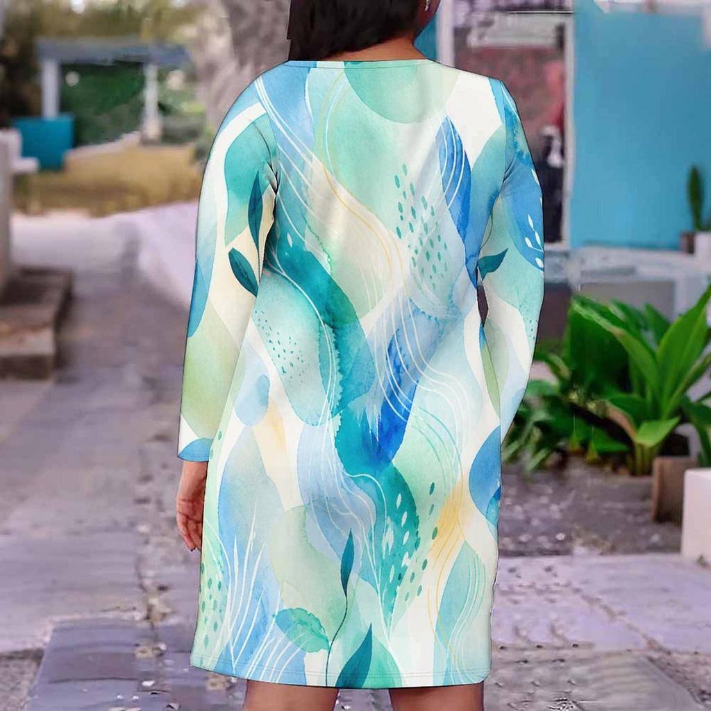 Women Plus Size V Neck Long Sleeve Yellow Brown Tie Dye Printed Straight Midi Dress