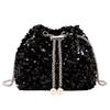 Harujio Paillettentasche, Partytasche, Damen-Umhängetasche, Schwarz und Silber, Zugbeutel mit Kette, Klein, Stilvoll, Niedlich, Hochzeit, Kleid, Glitzernd