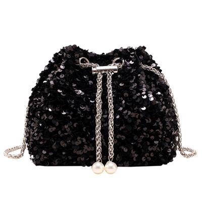 Harujio Sequin Bag, Party Bag, Women's Shoulder Bag, Black and Silver, Drawstring Pochette with Chain, Small, Stylish, Cute, Wedding, Dress, Sparkly
