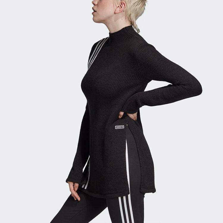 adidas Originals Three Stripes Knit Sweater Side Slit Round Neck Pullover Women Sweater Black FN2794