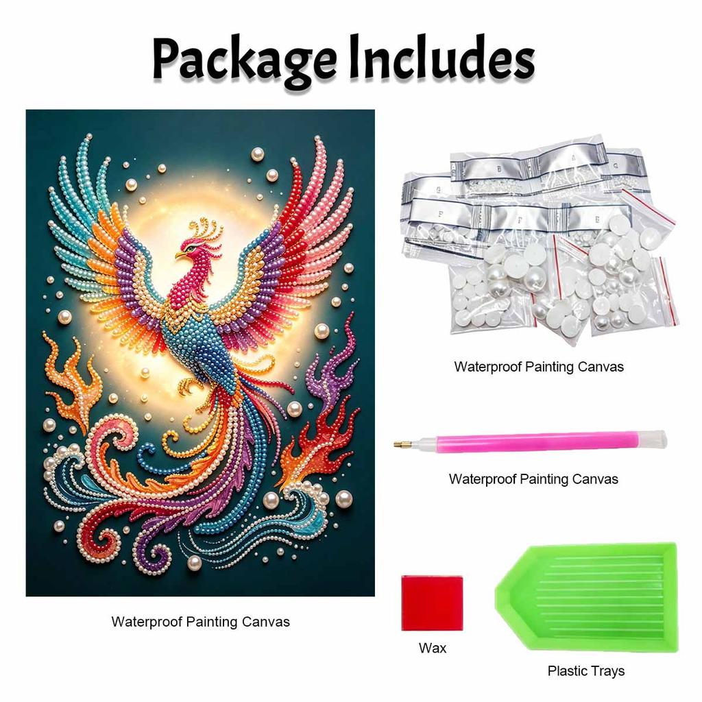 This Pearl Painting Kit Features 5D Pearl Colorful Phoenix Mosaic Art Style for Elegant Home Wall Decoration.