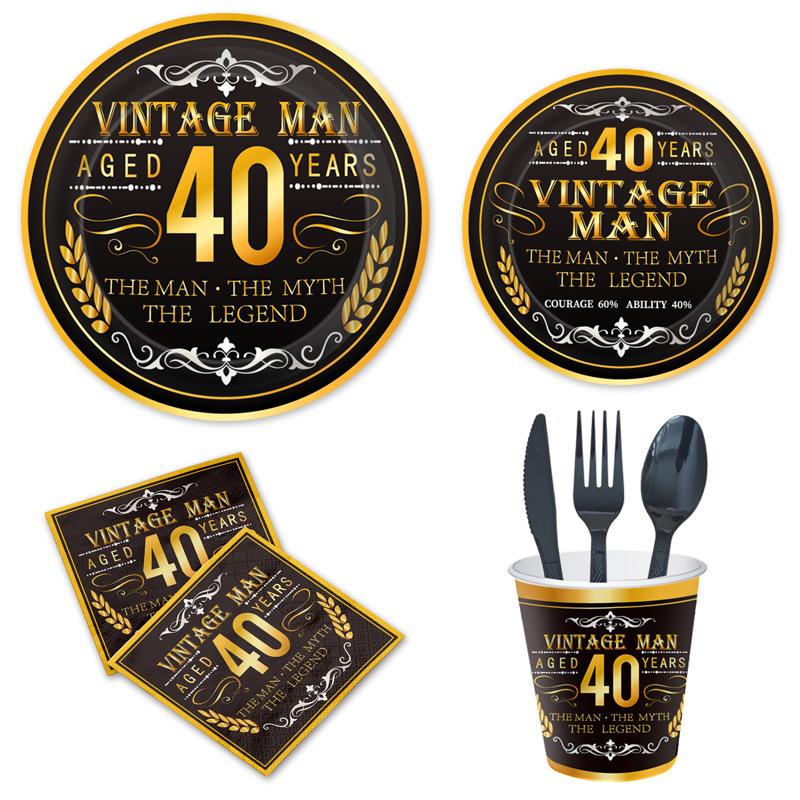 Vintage 40Th Birthday Party Decoration Disposable Paper Plate Paper Cup Paper Towel Tablecloth Flag Party Tableware