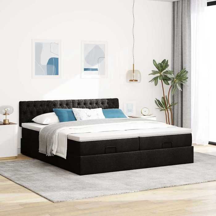 Cadre de lit ottoman avec matelas - Maison Exclusive - Tissu noir - 200 x 200 cm - Rangement hydraulique