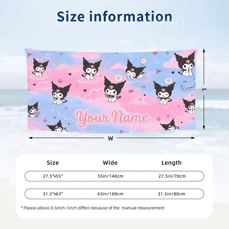 Custom Text Beach Towel, Soft Absorbent Swimming Multi-use TowelKuromi