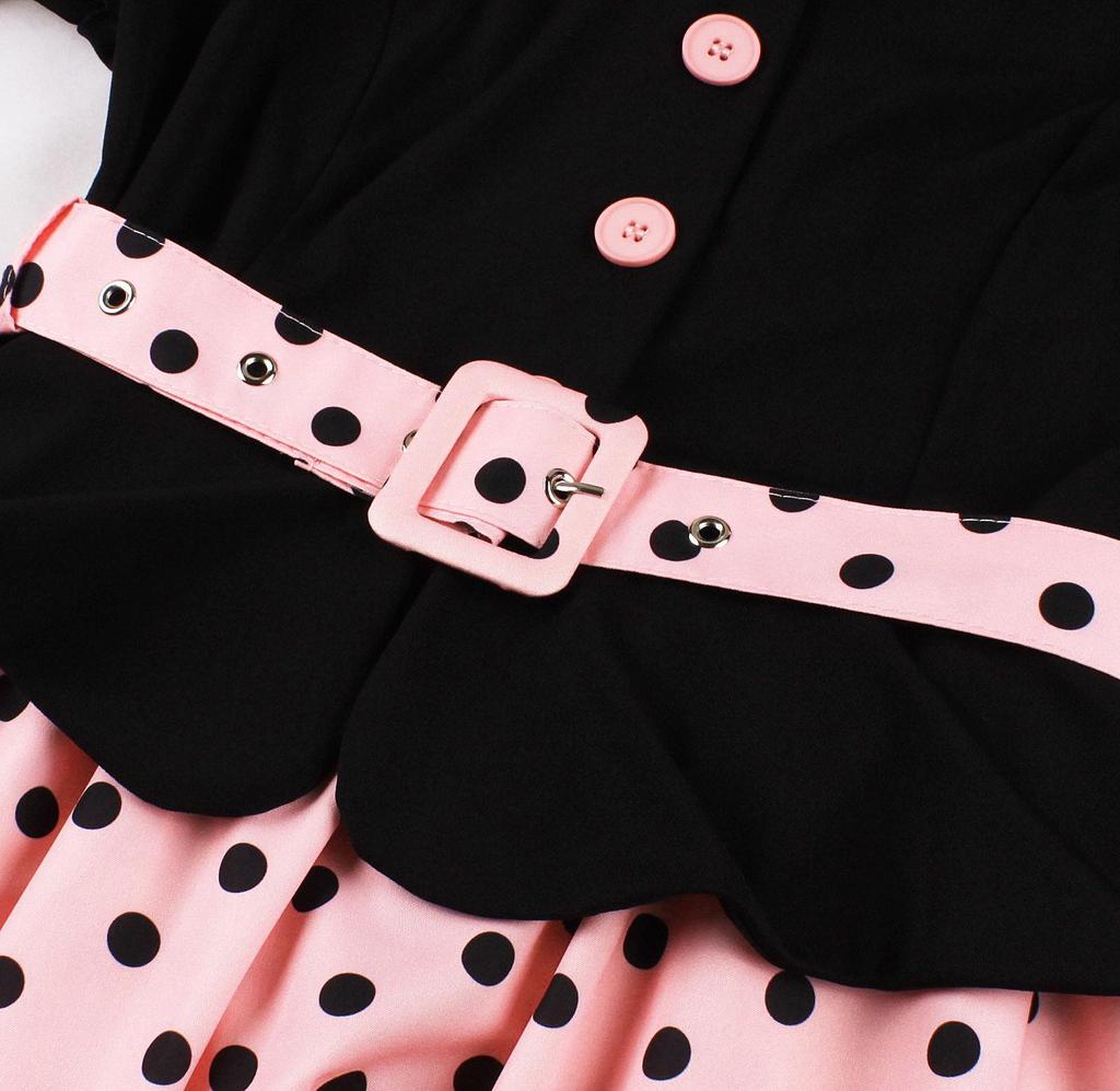 Retro Colorblock Polka Dot Short Sleeve Dress with Turn-Down Collar - Elegant Spring/Summer Style