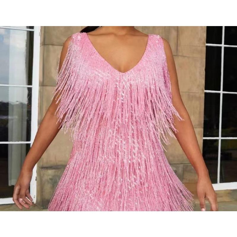 

Low cut V-neck sexy deep sleeveless pencil skirt mid skirt fringed skirt 5XL рожевий