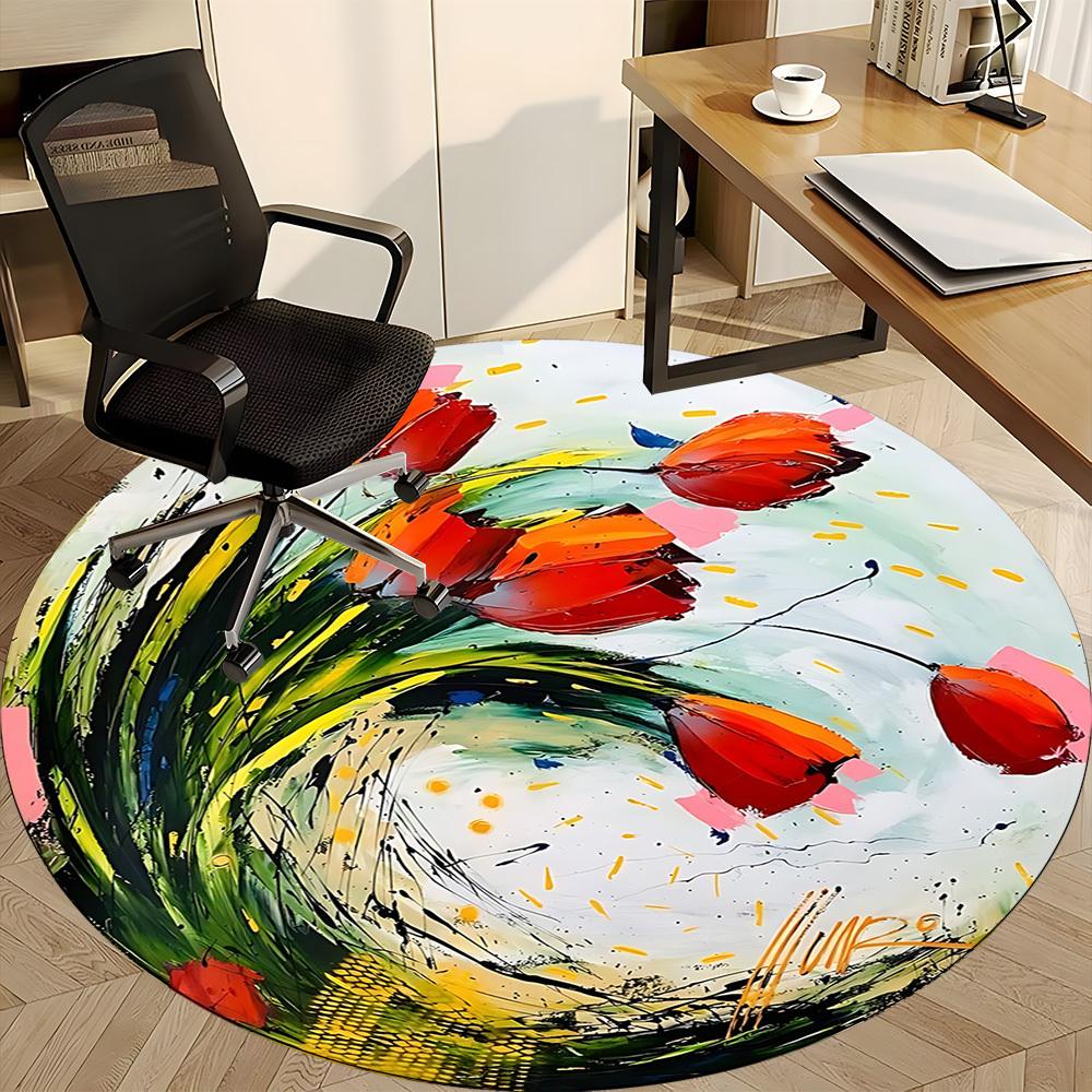 1PC Floral Abstract Office Round Area Rug, Mat Suitable For Office, Under Office Chairs Bedroom Living Room Home Decor, Room Deco