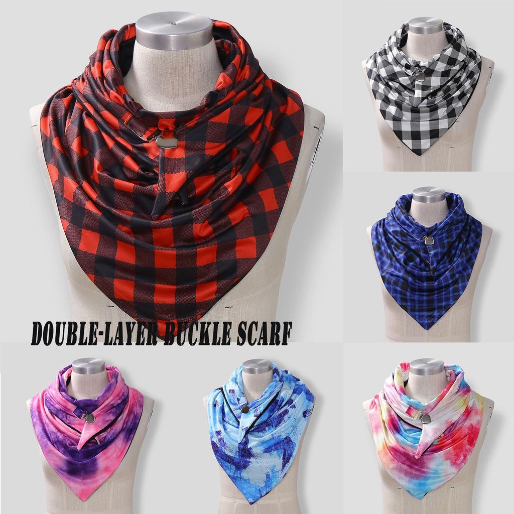 Winter Warm Windproof Tie-Dye Plaid Prints Double-Layer Buckle Scarf