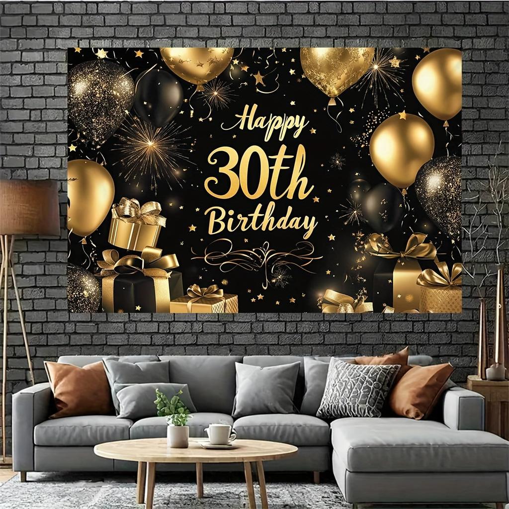 One-piece Photo Background Banner - Elegant Black and Gold "Happy 30th Birthday" Theme 2D Flat Background Fabric