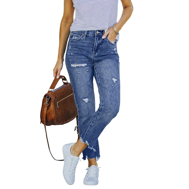 New Washed and Worn Fringe Jeans for Women