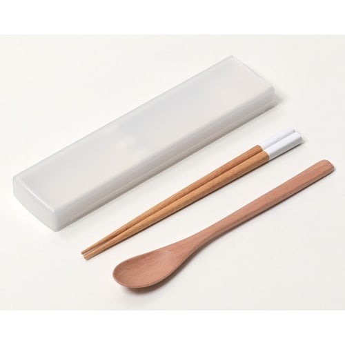 Ansio Silent Antibakterielles Essstäbchen- und Löffelset, 18cm, mit Ausziehdeckel und Essstäbchenetui, Naturholz, Sandweiß, Spülmaschinenfest, Hergestellt in Ja