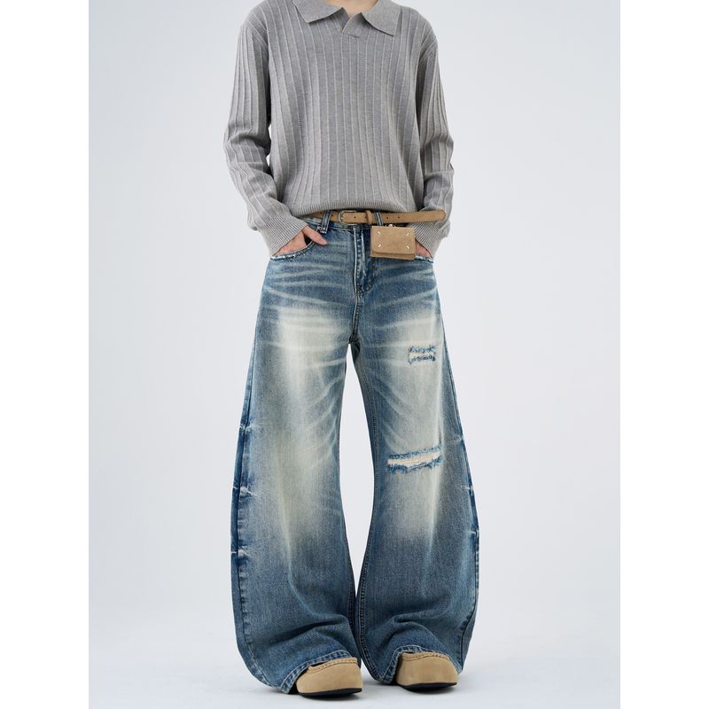 Kisko American Retro Distressed Washed Blue Scimitar Jeans Unisex Loose Straight Cleanfit Pants