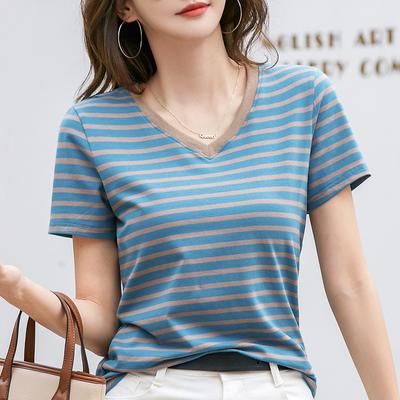 Summer Women's V-Neck T-Shirt Striped Short Sleeve Top