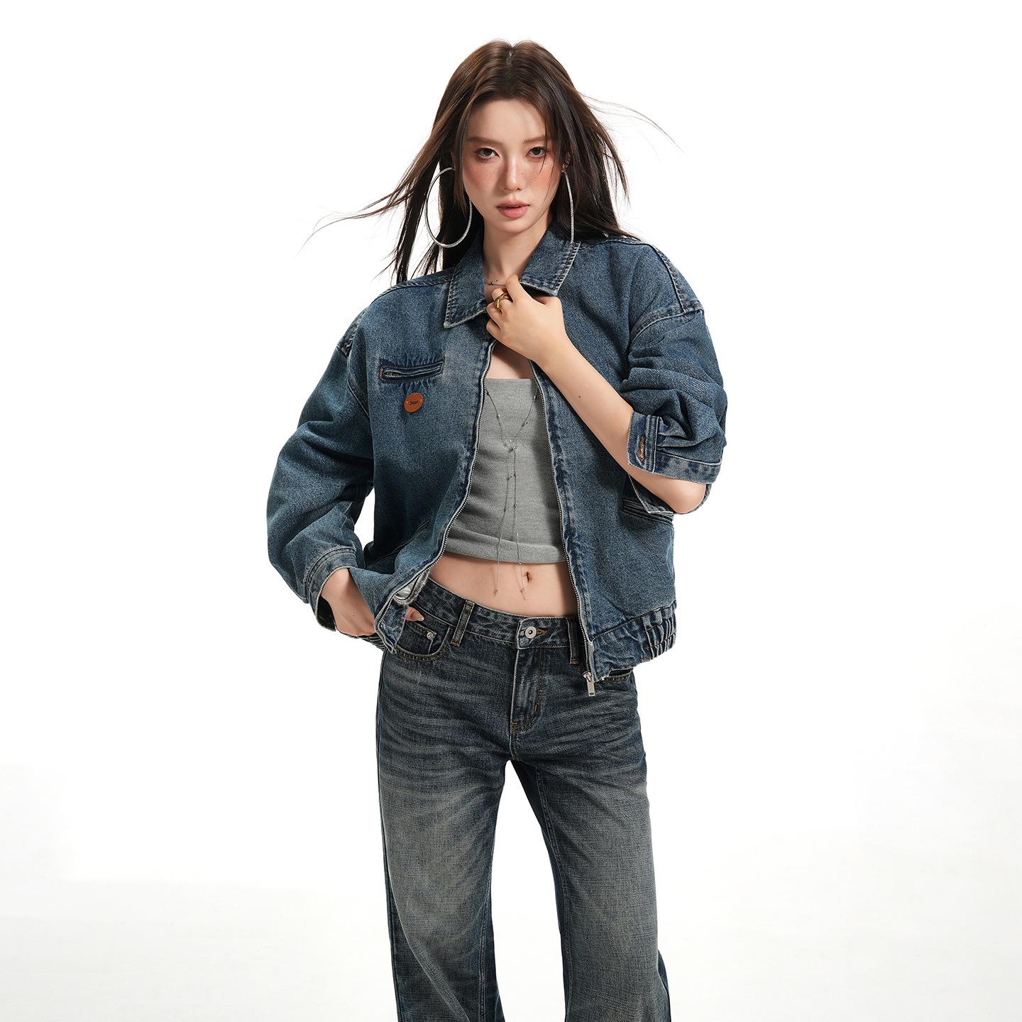 

Женская ретро-крутая нейтральная свободная джинсовая мотоциклетная куртка с опущенными плечами Small