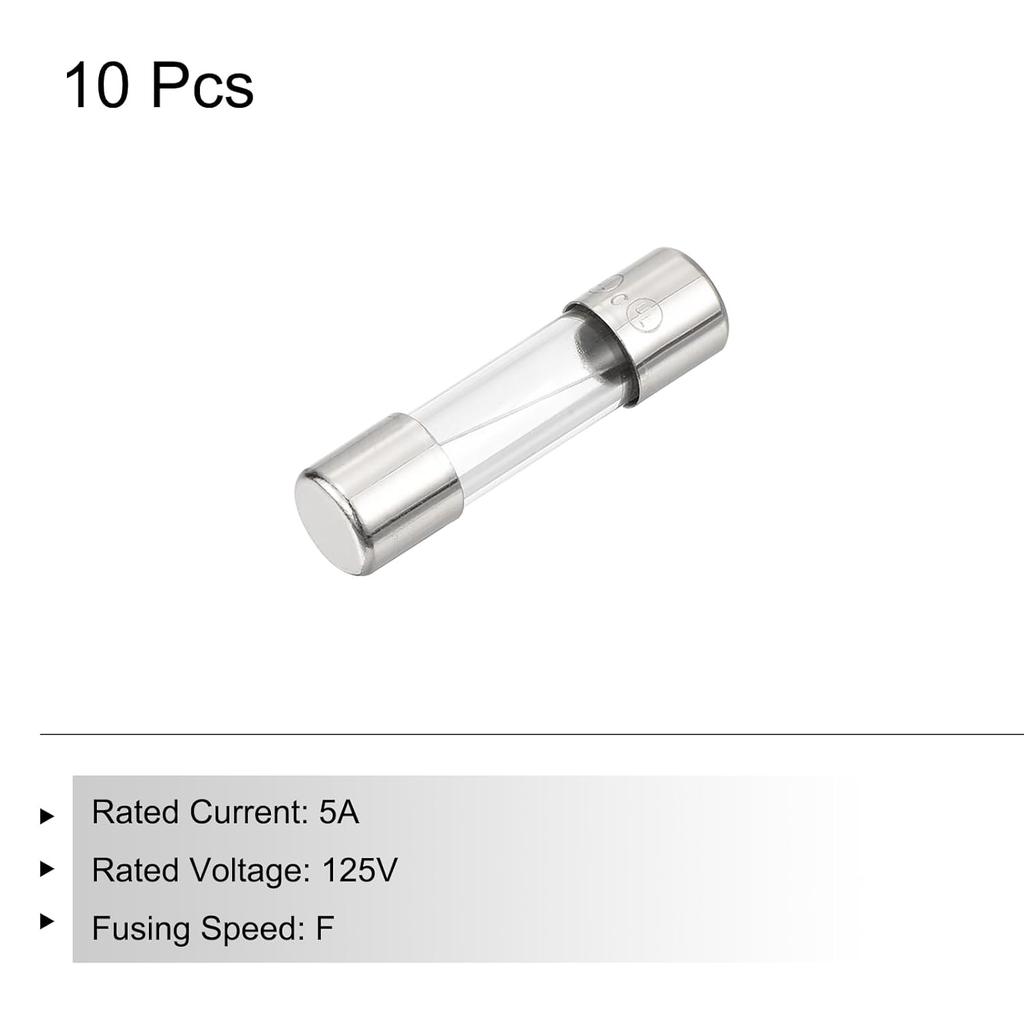 MECCANIXITY 10 Pcs Fast Blow Glass Fuse 5A 125V 5x20mm Glass Tube Fuses Fast-Acting Fuses for PCB Board Electronic Devices Home Appliances Light
