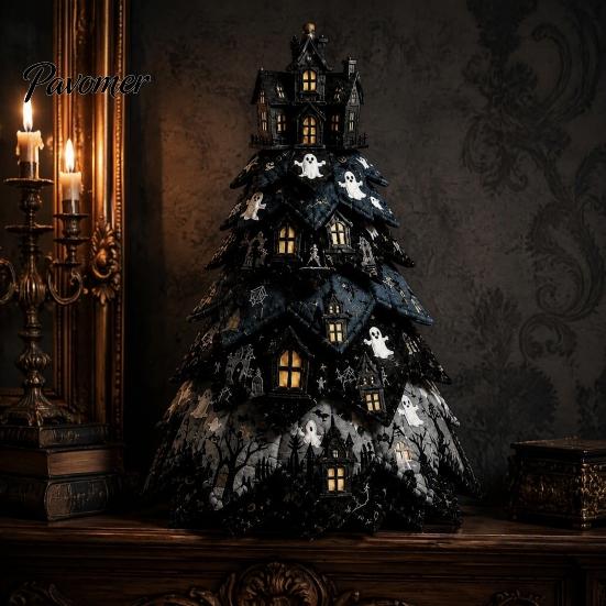 Halloween Theme Interior Decor Wooden Tree Ornament, 2D Flat Quilted Fabric Style Desktop Double Table Decorations Side Wood Sign for Home Party